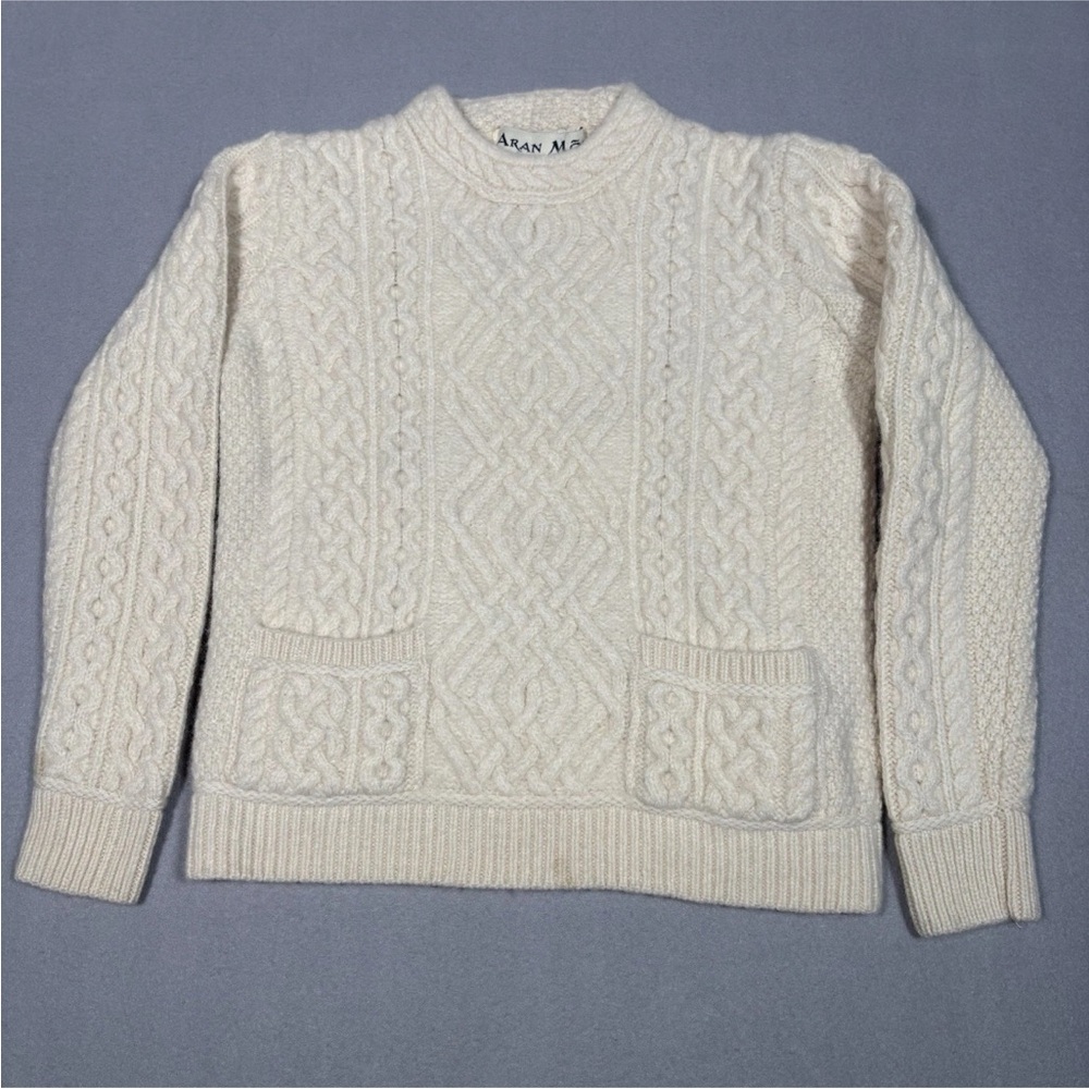 Aran Mor Ireland Sweater Open Thick Cable Knit Cream Merino Women's Small(XS)